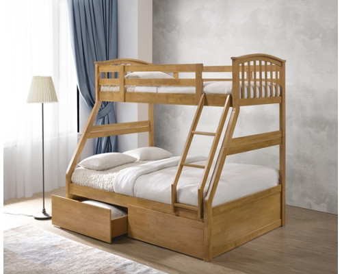Oak Finished Hardwood Triple Sleeper Bunk with Storage Drawers