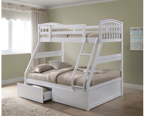 White Finished Hardwood Triple Sleeper Bunk with Storage Drawers