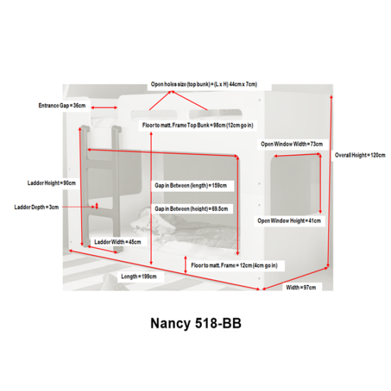 Nancy Modern White Kids Bunk Bed with Black Ladder