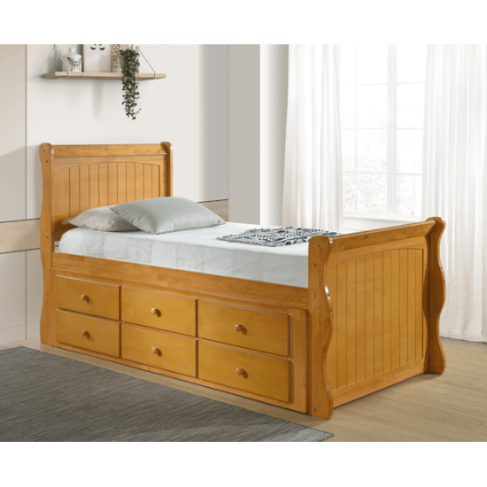 Captains Sleigh Style Oak Guest Bed with Storage Drawers
