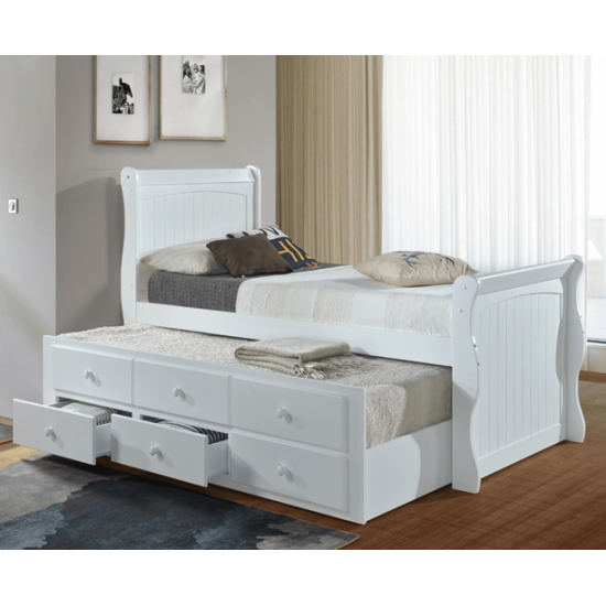 Captains Sleigh Style White Guest Bed with Storage Drawers