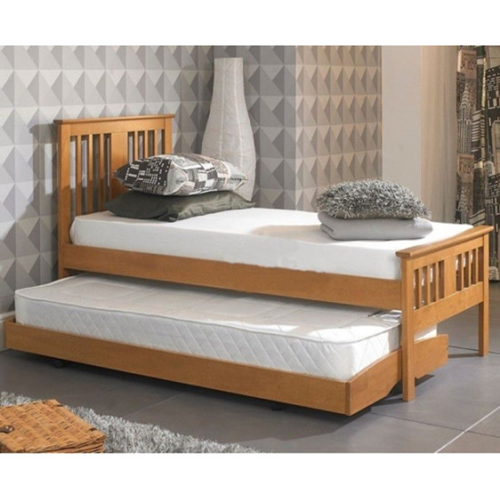 Single Oak Finished Solid Hardwood Guest Trundle Bed