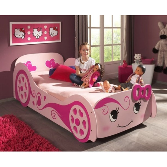 Girls Pink Racing Car Bed with Smiley Face 