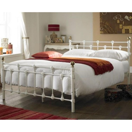 Oxford White Ornate Metal Bed With Gold Finials