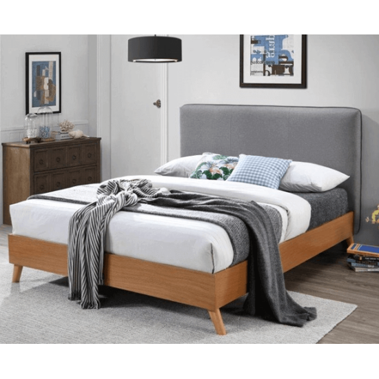 Saturn Oak Finished Bed with Light Grey Upholstered Headboard